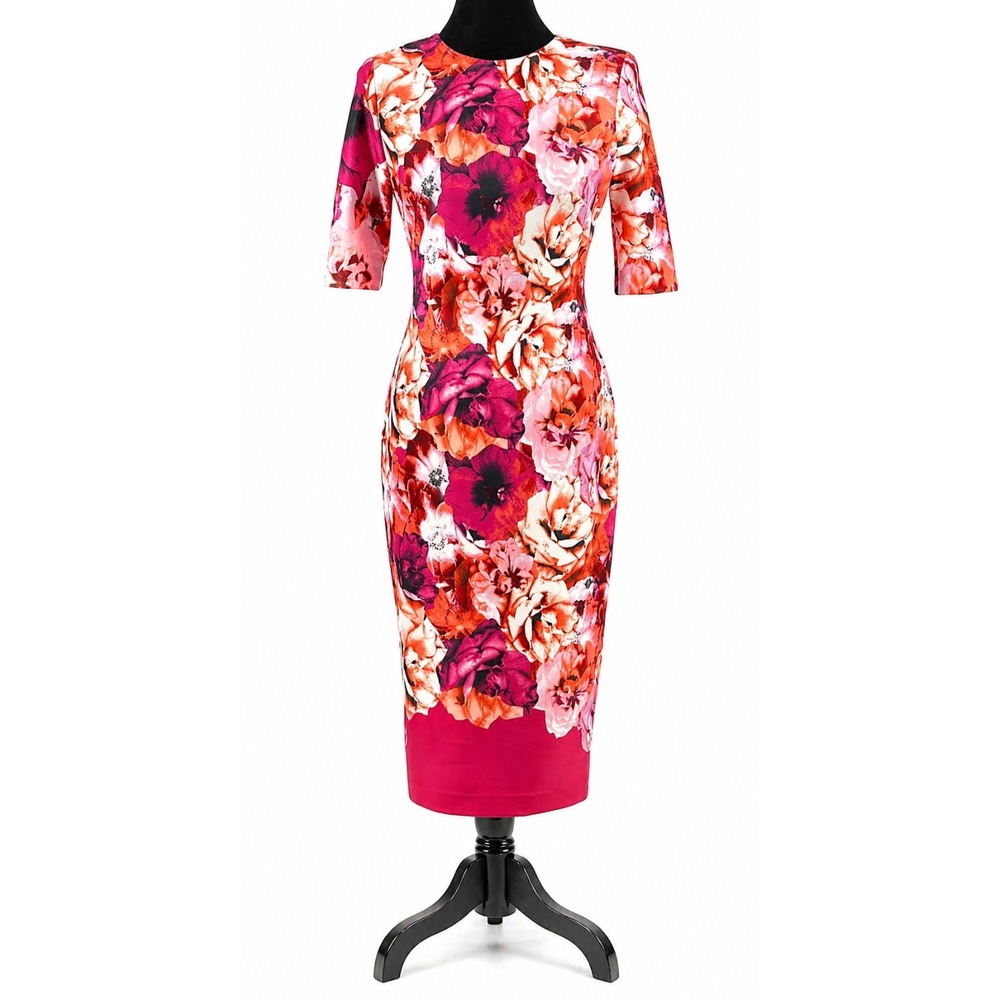 Vince Camuto Women's 3/4 Sleeve Sheath Dress Size‎ 6 Pink Rose Floral Knit